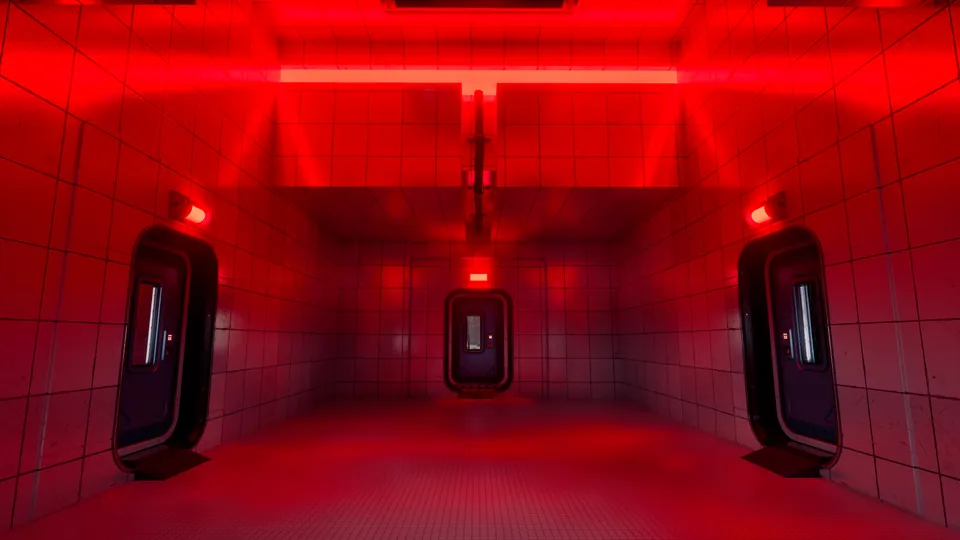 The room with four doors with no lock on: the room and the light band are red.